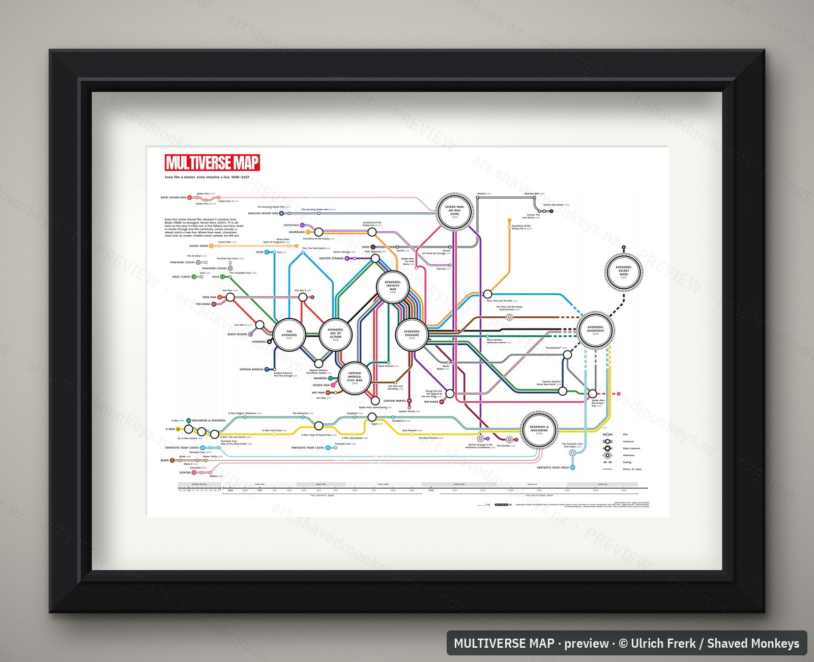MULTIVERSE MAP A1 in a deep black box frame, front view